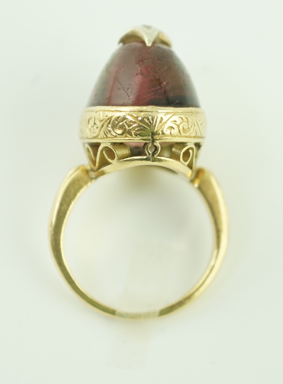 A Victorian 18ct gold and cabochon watermelon tourmaline set dress ring